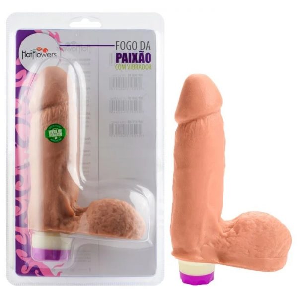 PÊNIS DE BORRACHA FOGO DA PAIXÃO COM VIBRO INTERNO 13,5 X 4,8CM (HP369NI)- HOT FLOWERS