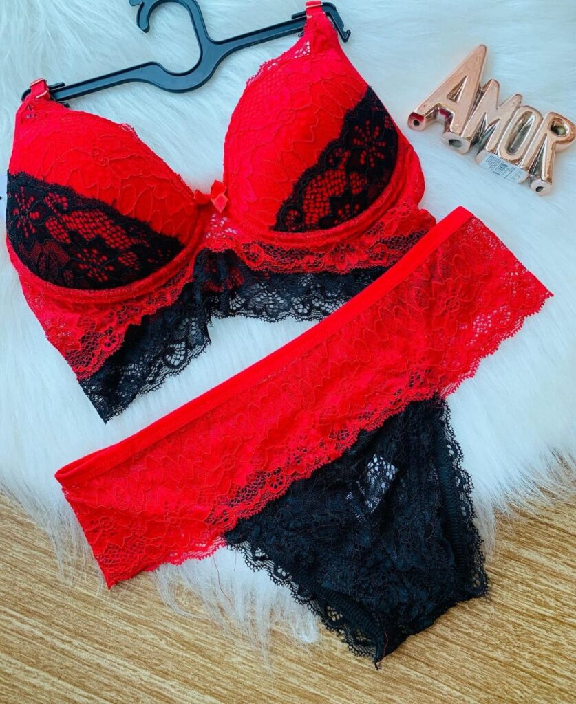 CONJUNTO BICOLOR EM RENDA COM BOJO (REF004) VERMELHO/PRETO – ÍNTIMA MODA