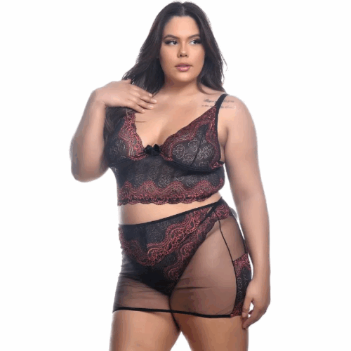 CONJUNTO SENSUAL BICOLOR COM SAINHA PLUS SIZE PRETO C/ TERRA - HOT LOVE